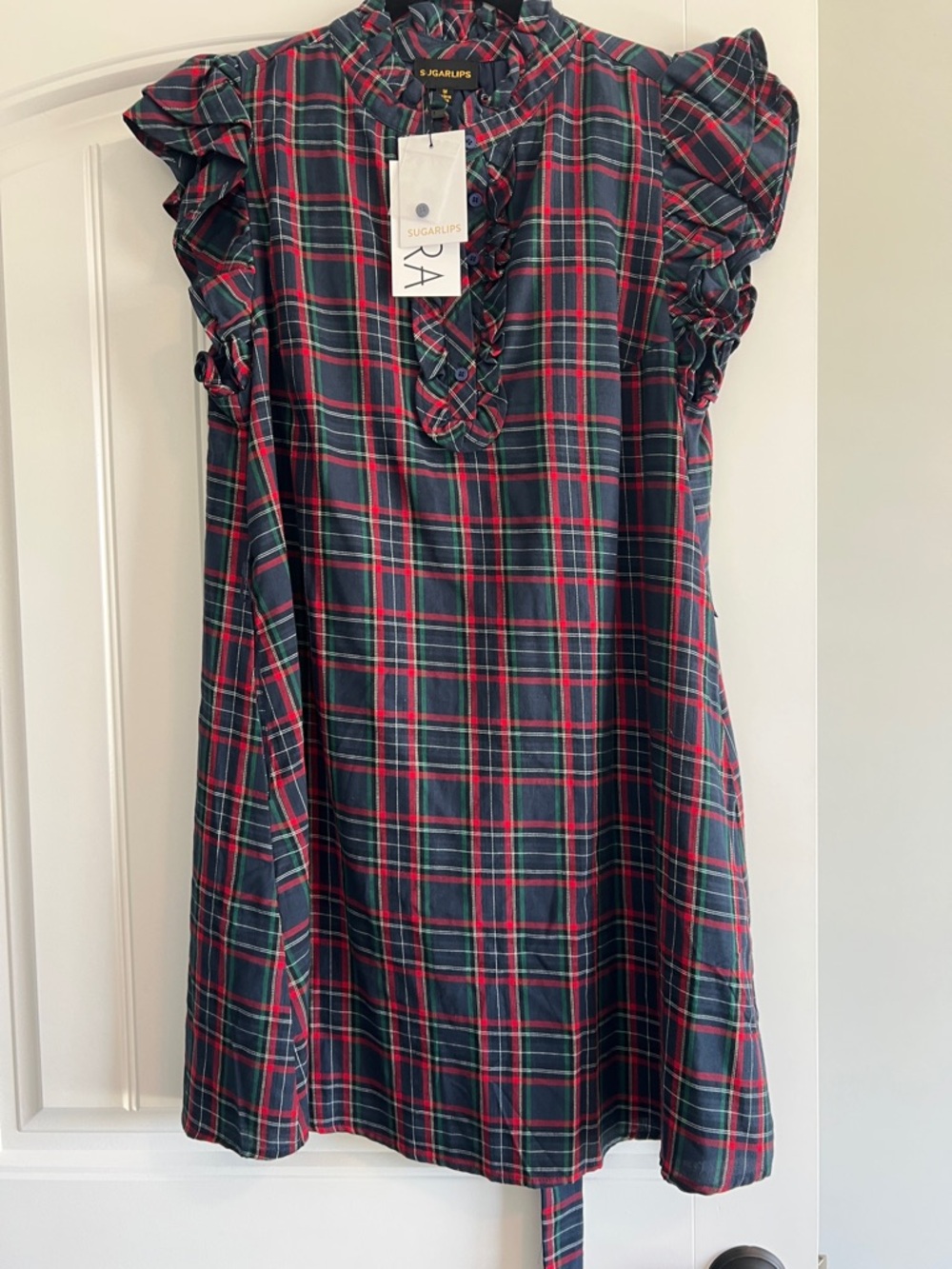 Sugarlips Navy, Red and Green Plaid Ruffle Sleeve Dress